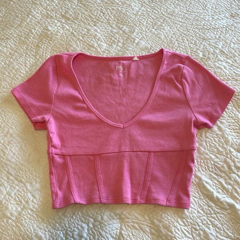 Pink Crop Top with Ribbed Corset Detailing